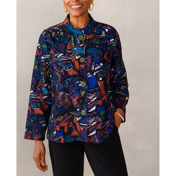 Chicos Womens sz 3 Abstract Print Button Statement Jacket Blazer Bold Colorful - Picture 1 of 6